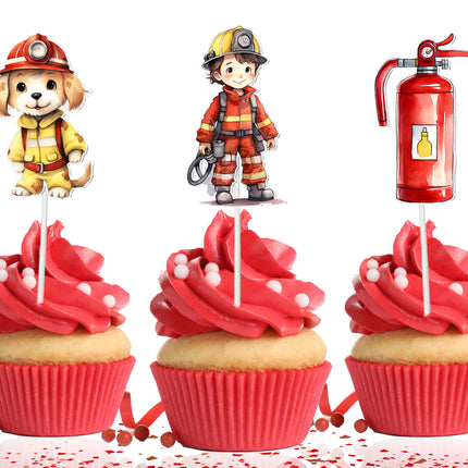 Firefighter Cupcake Toppers - Set of 10 | Rescue Party Decorations | Fireman-Themed Toppers