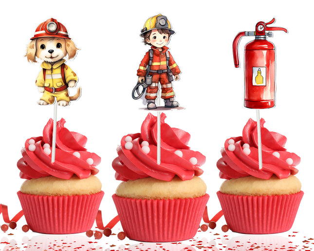 Firefighter Cupcake Toppers - Set of 10 | Rescue Party Decorations | Fireman-Themed Toppers