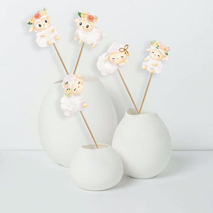 Enchanted Garden Sheep Stick Centerpieces - Adorable Floral Lamb Picks for Sweet Celebrations (Set of 5)