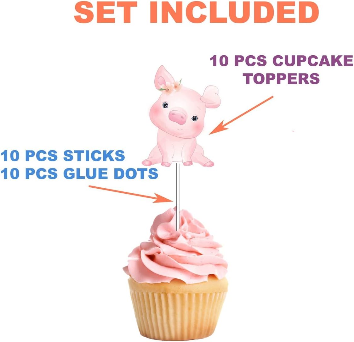 "Piglet Parade" Cupcake Toppers - Set of 10 - Adorable Pink Piggy Picks