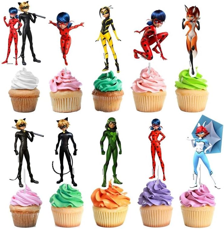 Miraculous Ladybug Cupcake Toppers - Set of 10, Perfect for Superhero Themed Parties!