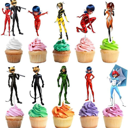 Miraculous Ladybug Cupcake Toppers - Set of 10, Perfect for Superhero Themed Parties!
