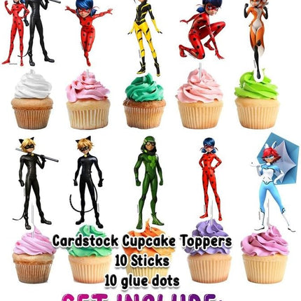 Miraculous Ladybug Cupcake Toppers - Set of 10, Perfect for Superhero Themed Parties!