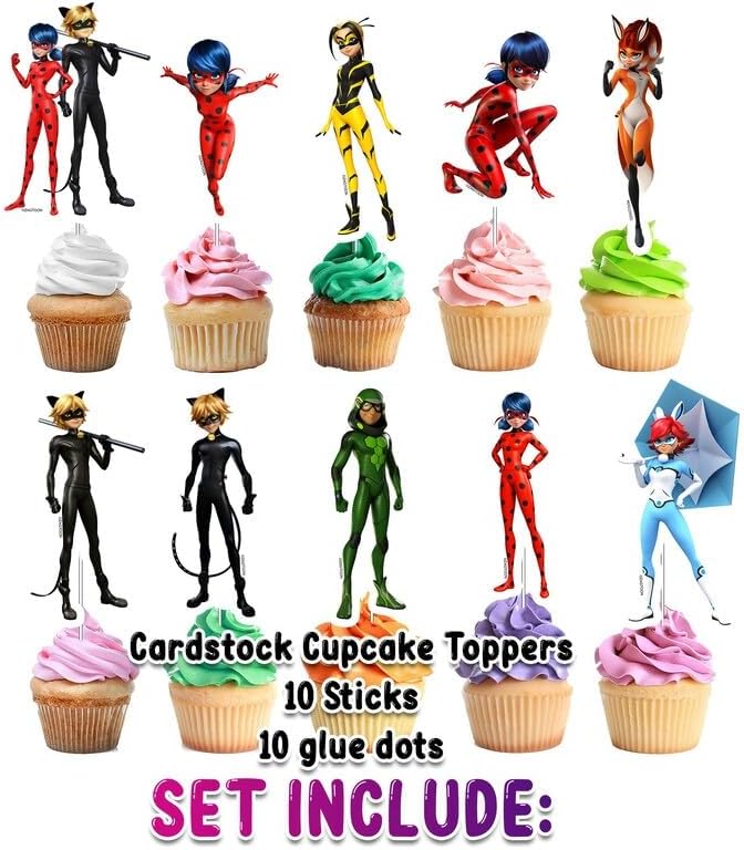 Miraculous Ladybug Cupcake Toppers - Set of 10, Perfect for Superhero Themed Parties!