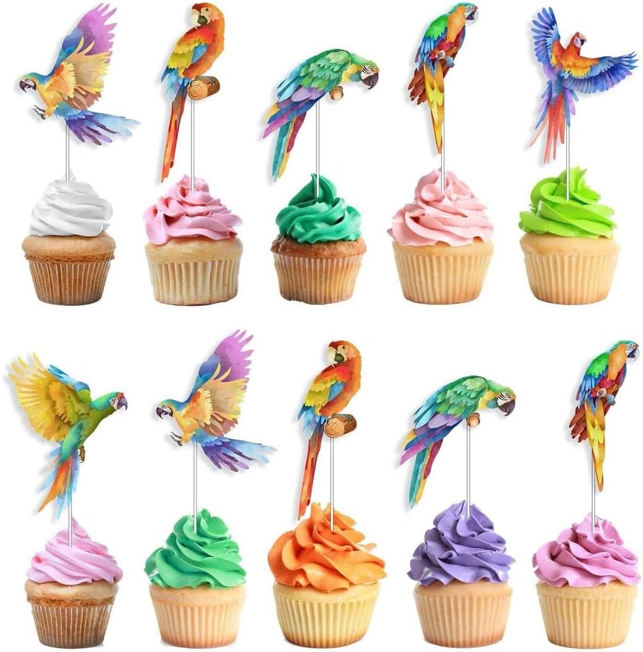 "Rainforest Rendezvous" - Ara Parrot Cupcake Toppers - Set of 10