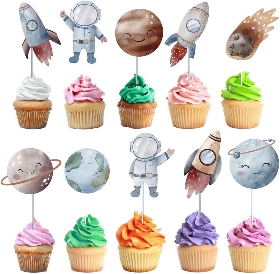 Space Adventure Cupcake Toppers - Set of 10 - Rocket, Astronaut, & Planet Designs for Cosmic Celebrations