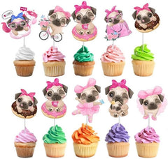 "Pawsitively Pink" Pug Dog Cupcake Toppers - Set of 10