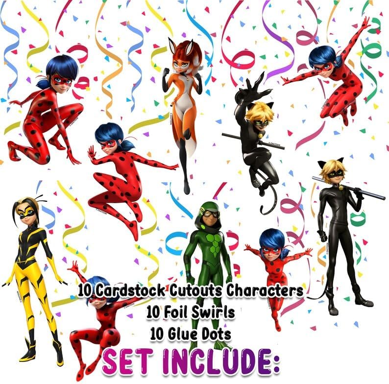 Miraculous Ladybug Ceiling Streamers/Swirls - Set of 10, Perfect for Themed Parties and Celebrations!