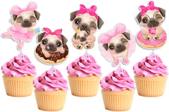 "Pawsitively Pink" Pug Dog Cupcake Toppers - Set of 10