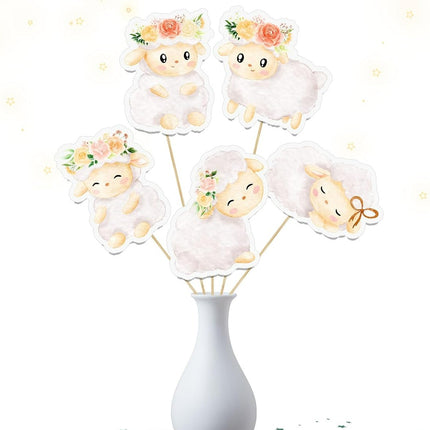 Enchanted Garden Sheep Stick Centerpieces - Adorable Floral Lamb Picks for Sweet Celebrations (Set of 5)