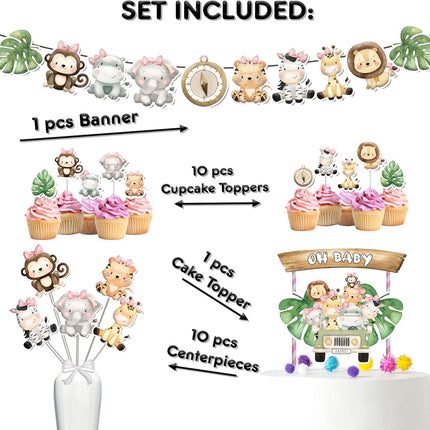 Adorable Jungle Safari Party Decoration Set – Banner, Cupcake Toppers, Cake Topper, and Centerpieces