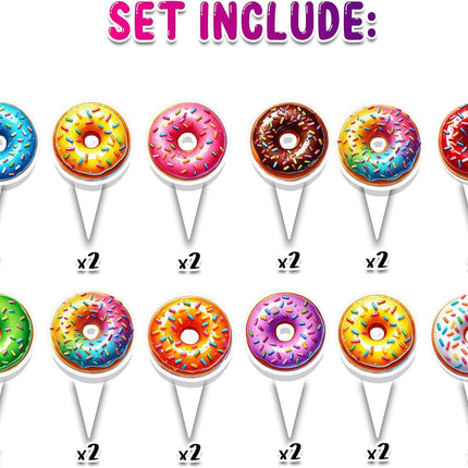24 Pcs Vibrant Donut Cupcake Toppers - Colorful Dessert Decorations for Birthdays, Parties, and Celebrations