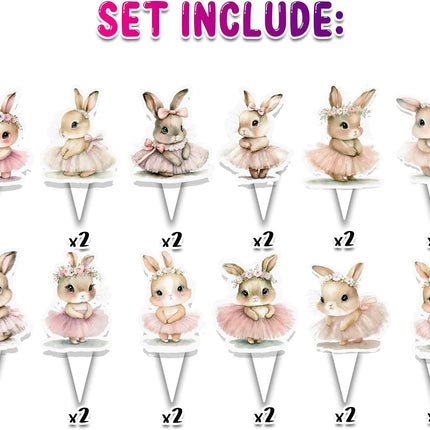 24 Pcs Bunny Cupcake Toppers - Adorable Pink Tutu Rabbit Picks for Kids Parties, Baby Showers & Baking Decorations