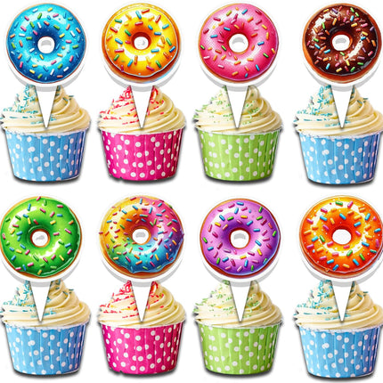 24 Pcs Vibrant Donut Cupcake Toppers - Colorful Dessert Decorations for Birthdays, Parties, and Celebrations