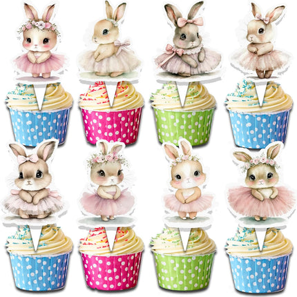 24 Pcs Bunny Cupcake Toppers - Adorable Pink Tutu Rabbit Picks for Kids Parties, Baby Showers & Baking Decorations