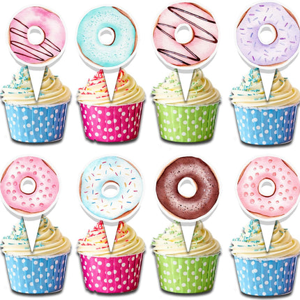 24 Pcs Pastel Donut Cupcake Toppers - Sweet Dessert Decorations for Parties, Birthdays, and Baby Showers