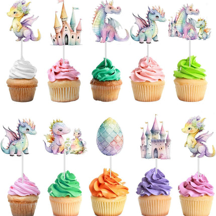 Enchanted Dragon and Castle Cupcake Toppers - Set of 10 - Magical Party Decor for Fantasy-Themed Events