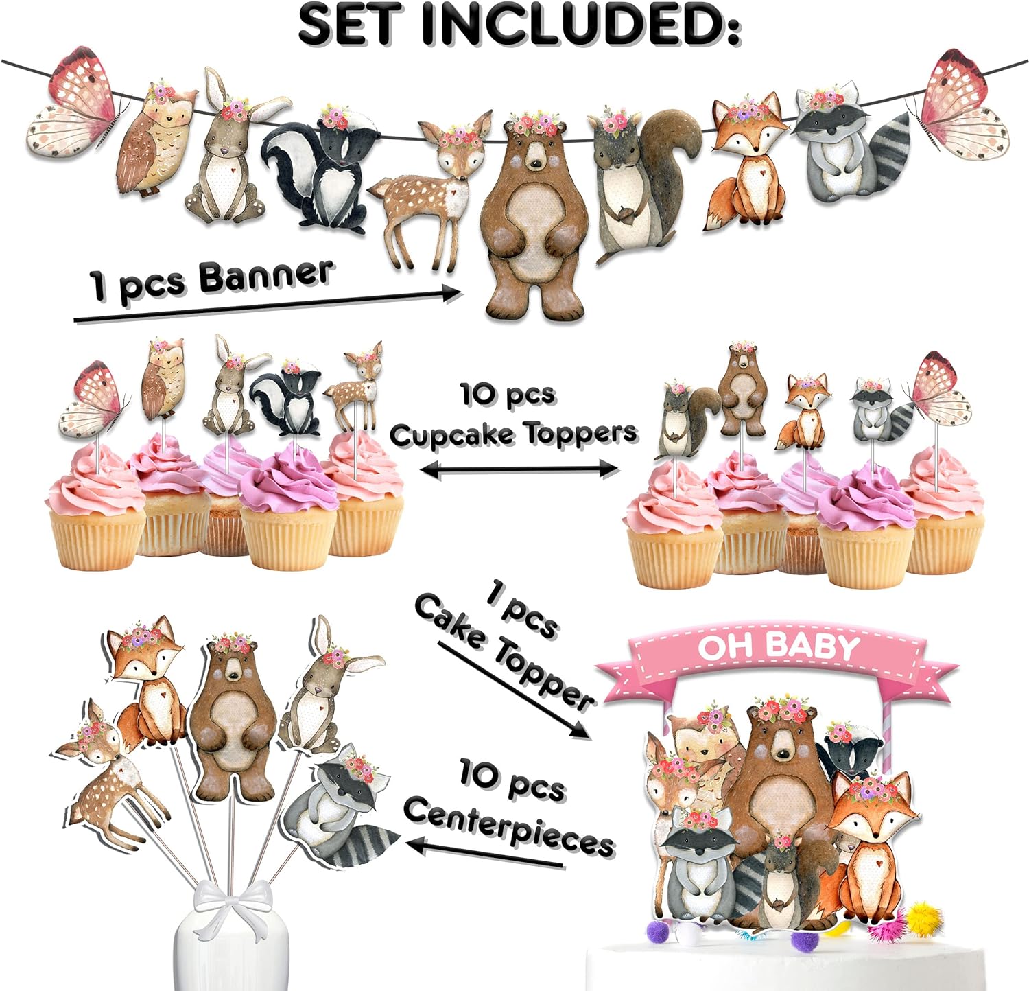 Enchanting Woodland Creatures Party Set For Girls - Complete Decoration Kit with Banner, Cupcake Toppers, and Centerpieces