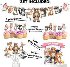 Enchanting Woodland Creatures Party Set For Girls - Complete Decoration Kit with Banner, Cupcake Toppers, and Centerpieces