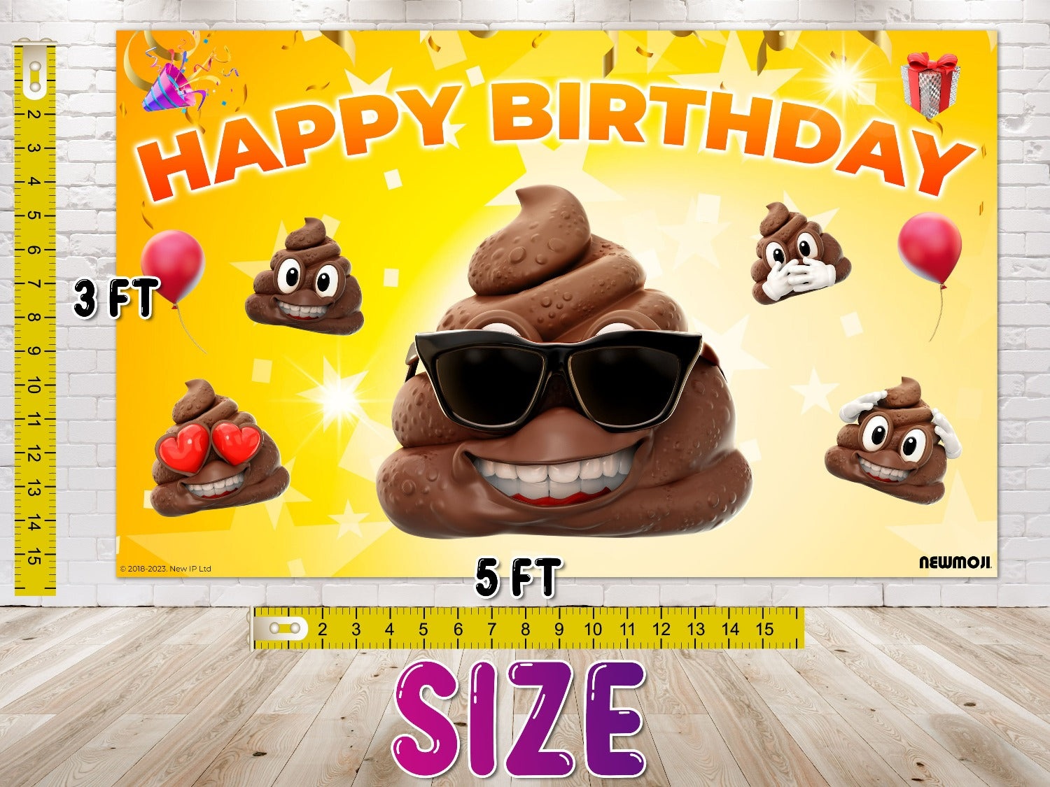 "Let the Fun Unfold!" NEWMOJI® Poop Party Backdrop 5x3 FT - Vibrant Birthday Decor