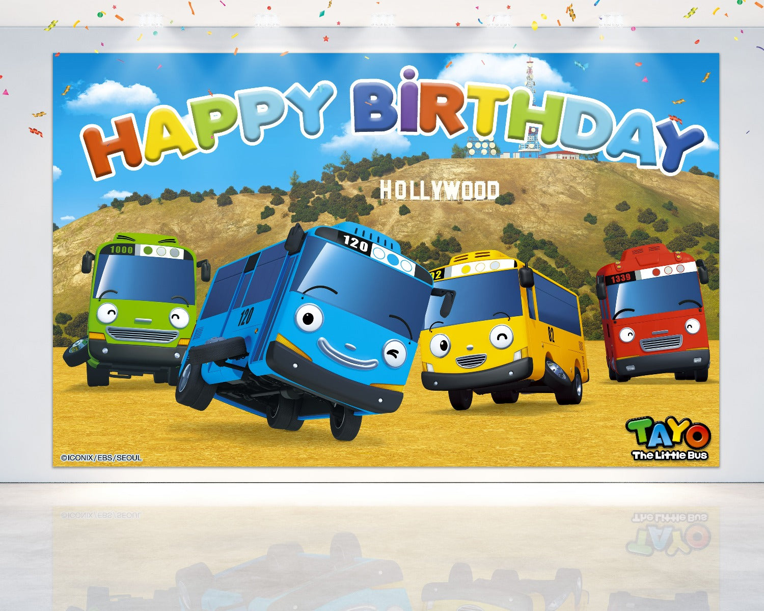 "Happy Birthday Hollywood" - Tayo the Little Bus 5x3 FT Party Backdrop
