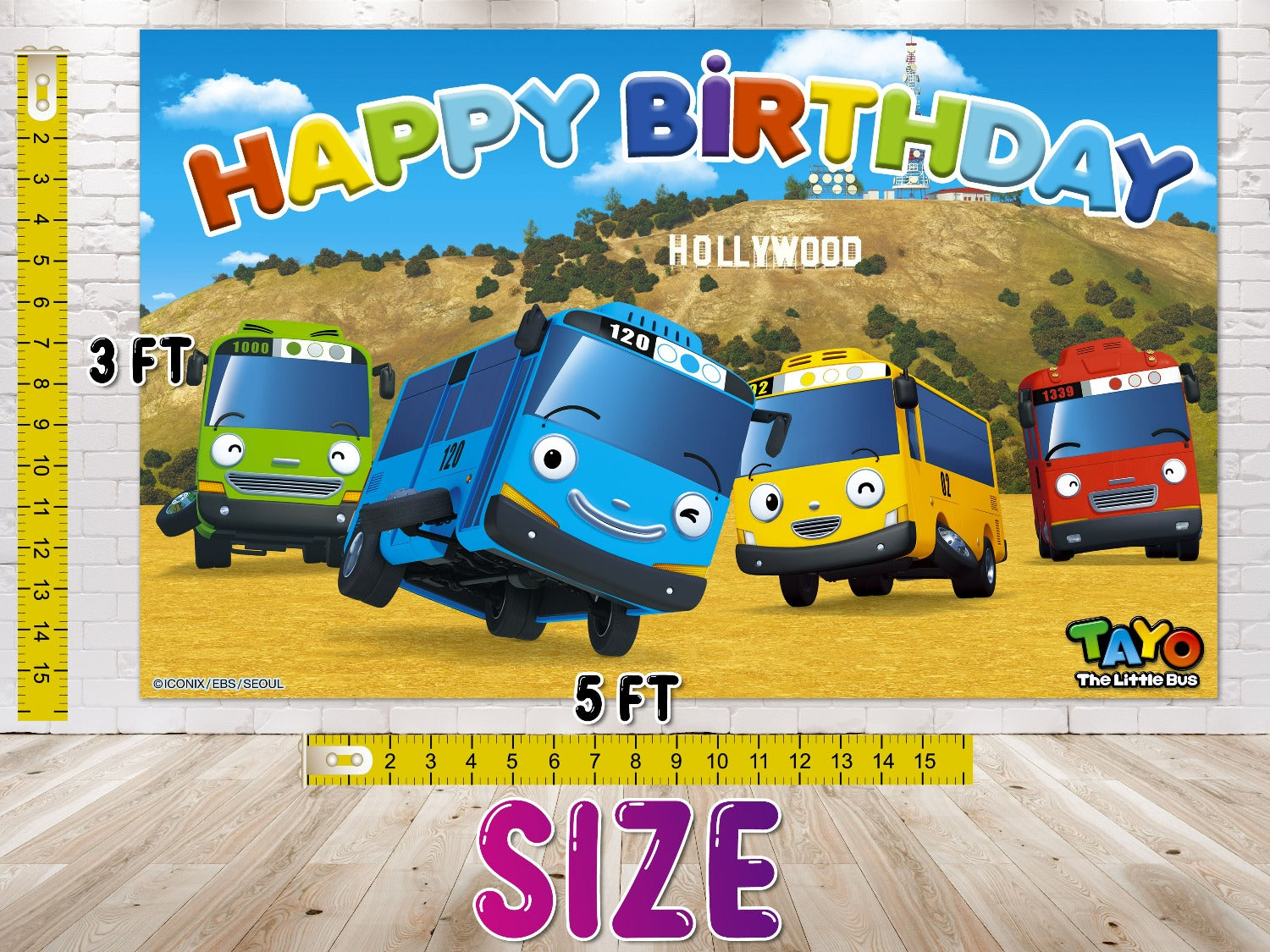 "Happy Birthday Hollywood" - Tayo the Little Bus 5x3 FT Party Backdrop