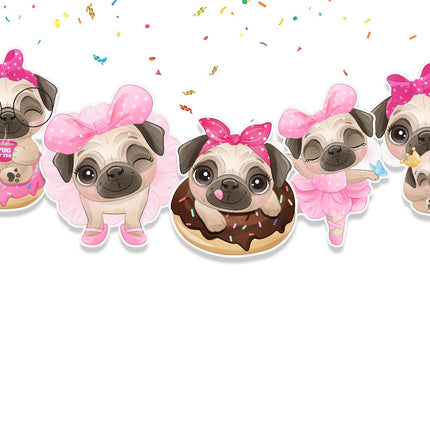 Pug Party Banner - Pink Bow Pug Dog Garland Decoration for Birthdays and Pet Celebrations