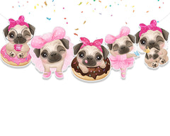 Pug Party Banner - Pink Bow Pug Dog Garland Decoration for Birthdays and Pet Celebrations