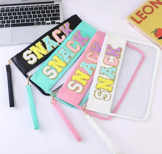 Customizable Clear Clutch Chenille Letters - Versatile Travel, Snack, Makeup and Essentials Organizer - Available in 6 Colors 