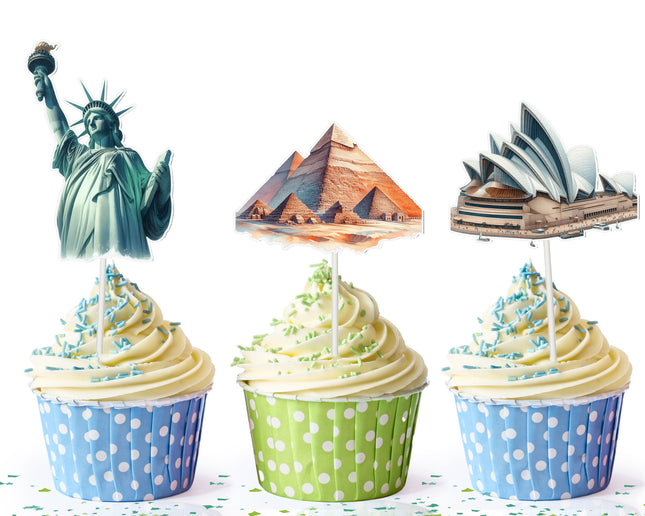 Landmarks Cupcake Toppers - Set of 10 | World Monuments Party Decorations | Travel-Themed Toppers (Copy)