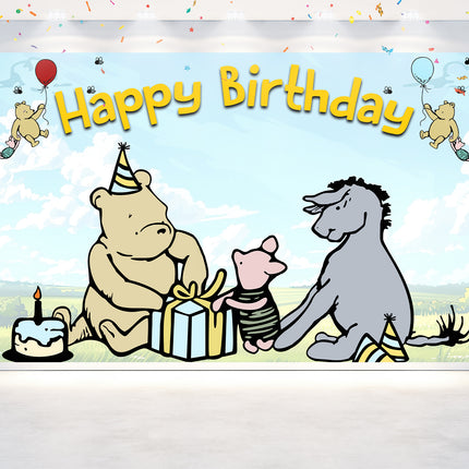 Happy Birthday Winnie Pooh-Themed Backdrop – Party Decoration, Customizable Text, Available in 5x3 FT & 7x5 FT