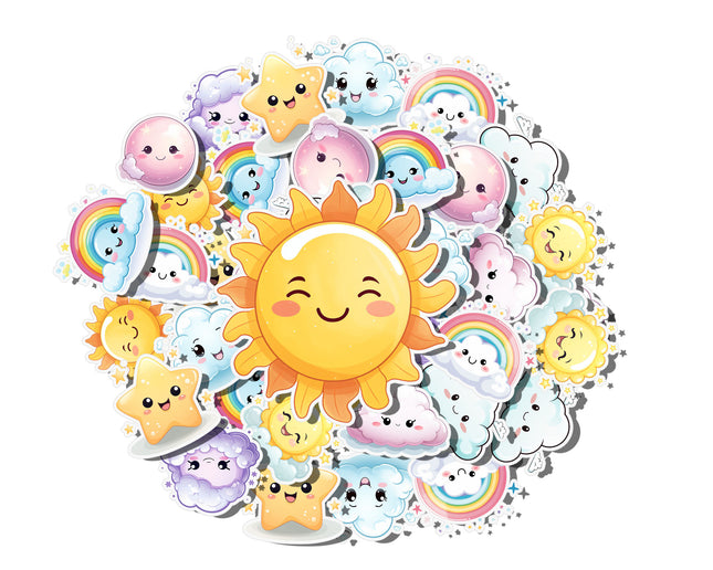 Cute Sun, Moon & Stars Sticker Set – Kawaii Weather 20-Piece Stickers Collection