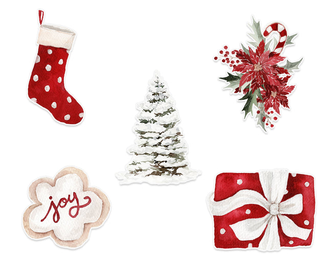 Christmas Holiday Wall Stickers – Stocking, Tree, Poinsettia, Gift & Joy Decal Set 5 Pack