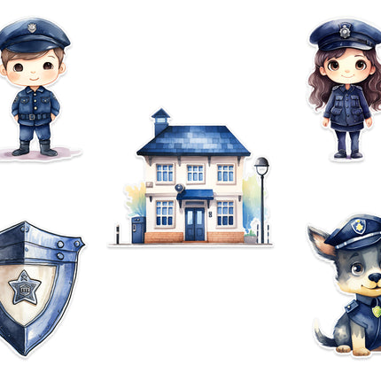 Police Theme Wall Stickers – Kids Police Officer, Station, Dog & Shield Decal Set 5 Pack