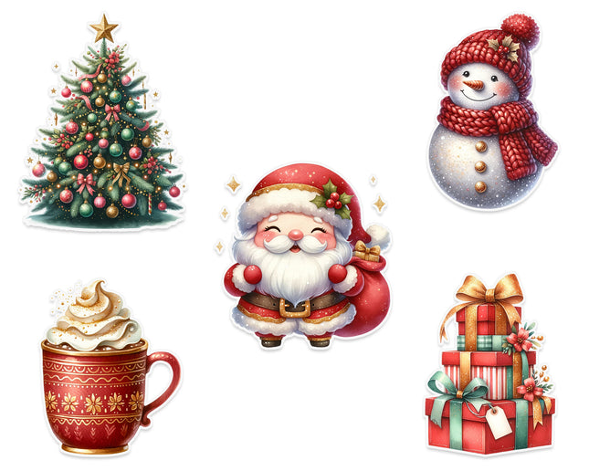 Christmas Cheer Wall Stickers – Santa, Tree, Snowman, Gifts & Hot Cocoa Decal Set 5 Pack
