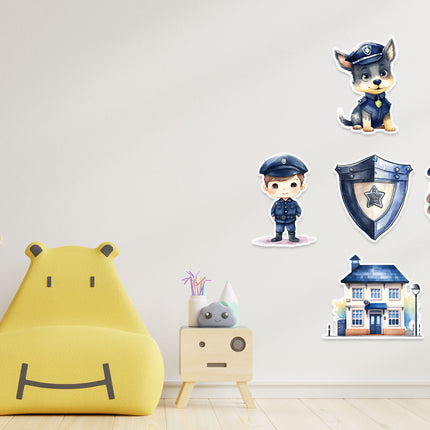 Police Theme Wall Stickers – Kids Police Officer, Station, Dog & Shield Decal Set 5 Pack