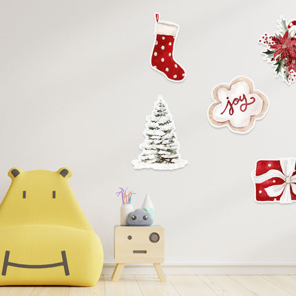 Christmas Holiday Wall Stickers – Stocking, Tree, Poinsettia, Gift & Joy Decal Set 5 Pack