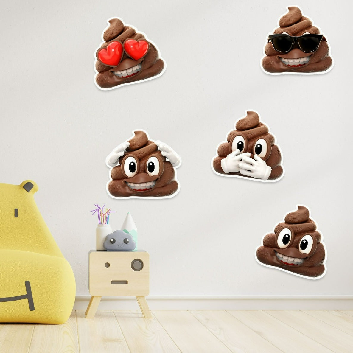 "Stick with Fun!" NEWMOJI Poop Wall Stickers, Set of 5 - Whimsical Wall Decor