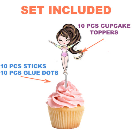 Gymnastic Girls Cupcake Toppers - 10pcs Set - Perfect for Gymnastics Theme Parties