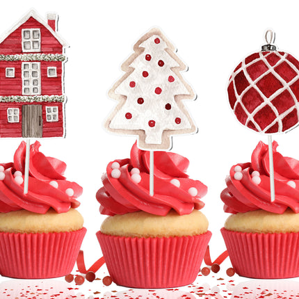 Christmas Cupcake Toppers - Set of 10 | Holiday Party Decorations | Festive Christmas Toppers