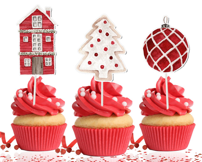 Christmas Cupcake Toppers - Set of 10 | Holiday Party Decorations | Festive Christmas Toppers
