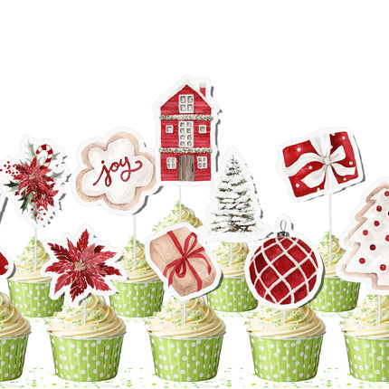 Christmas Cupcake Toppers - Set of 10 | Holiday Party Decorations | Festive Christmas Toppers