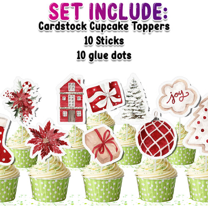 Christmas Cupcake Toppers - Set of 10 | Holiday Party Decorations | Festive Christmas Toppers