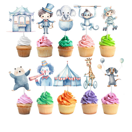 Blue Circus Cupcake Toppers - 10pcs Set - Fun Circus Theme Party Decorations
