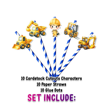 Construction-Themed Party Straws – Set of 10PCS Drink Decor