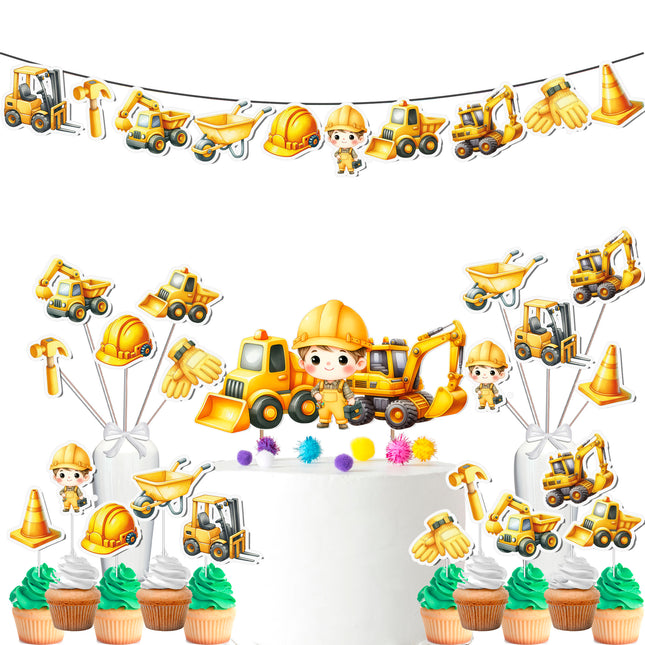 Construction Party Decoration Set - Cake Topper, Cupcake Toppers, Banner, and Centerpieces