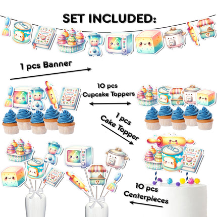 Adorable Baking-Themed Party Decoration Set – Includes Cake Topper, Cupcake Toppers, Banner, and Centerpieces