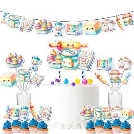 Adorable Baking-Themed Party Decoration Set – Includes Cake Topper, Cupcake Toppers, Banner, and Centerpieces