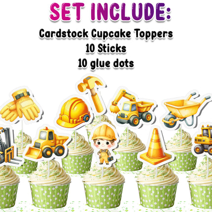 10-Piece Construction Cupcake Toppers | Party Decor | Construction Theme