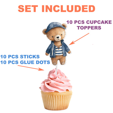 Teddy Bear Sailor Cupcake Toppers - 10pcs Set - Nautical Theme Party Decorations
